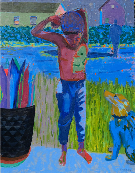Colorful oil painting of a child and dog standing before a landscape with buildings and a distant figure