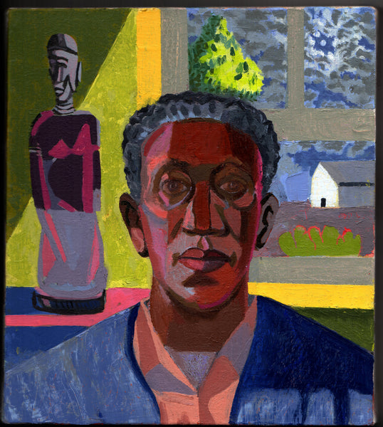 A colorful painted portrait of a man in the foreground, with a stylized figure and outdoor scene visible in the background. The artwork uses bold blocks of blue, red, yellow, green, pink, and gray.