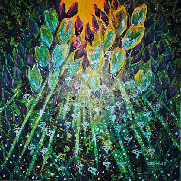 Colorful abstract painting of flowers with a dark background