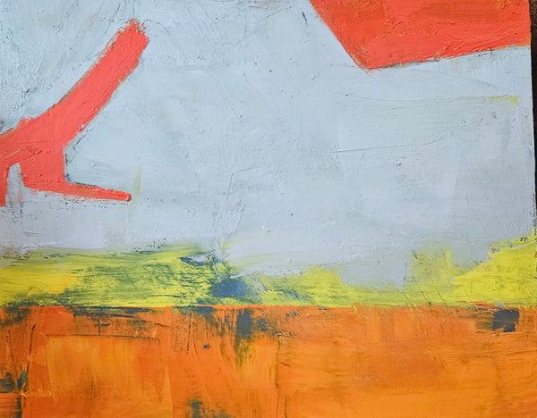 Abstract painting with textured brushstrokes featuring a large light gray-blue field, bright orange and yellow lower sections, and coral-red geometric shapes.
