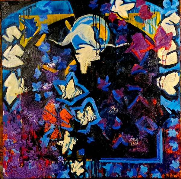 Abstract artwork with colorful butterflies and geometric shapes on a dark background