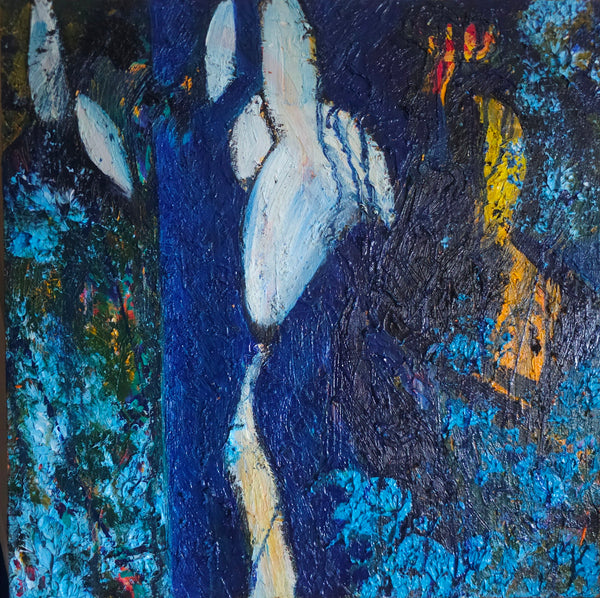 Abstract painting with blue, white, and yellow colors