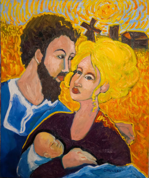 Painting of a couple with a child against a sunlit landscape.