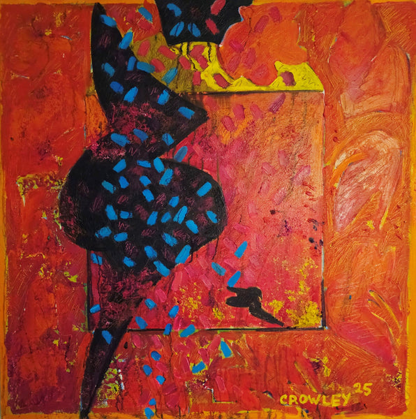 Abstract artwork with a prominent black form on a red and orange background