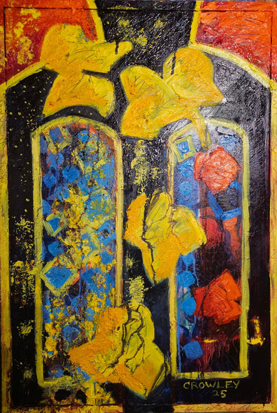 Abstract artwork with yellow figures and colorful patterns, signed 'Crowley' 25.