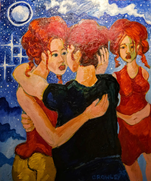 Artistic depiction of a man and two women with a night sky and moon in the background.
