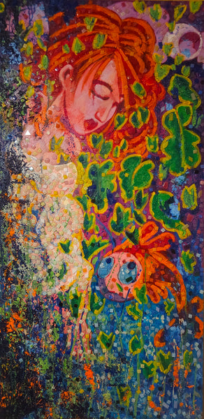 Colorful abstract artwork with floral elements and a woman's face.