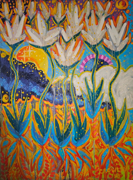 Colorful abstract landscape painting with floral patterns