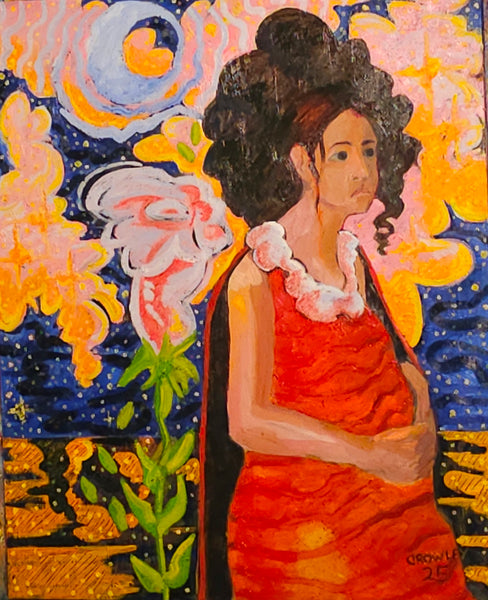 Artistic depiction of an expectant mother in a red dress with abstract colorful landscape background