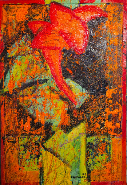 Abstract artwork with vibrant colors and a prominent red shape.