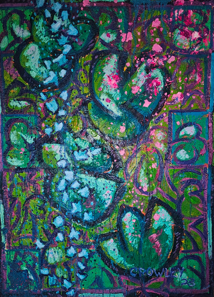 Colorful abstract artwork with green and pink elements