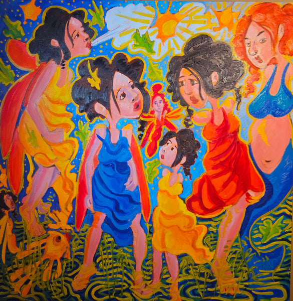 Colorful painting of fairy-like figures with a vibrant background
