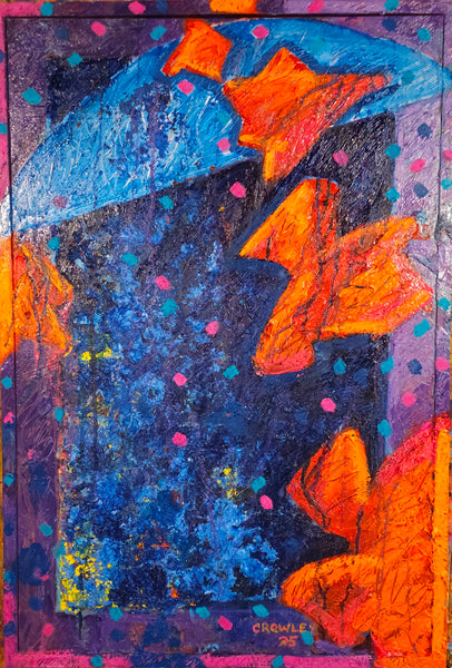 Abstract artwork with orange and blue shapes on a purple background