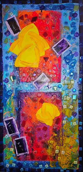 Colorful mosaic art piece with a yellow figure and abstract patterns