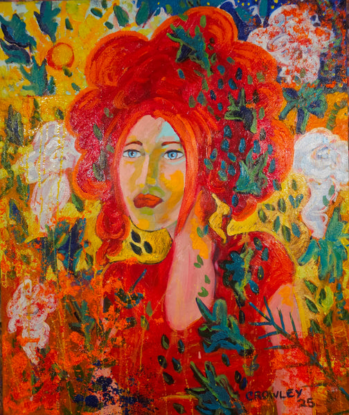 Colorful portrait painting of a woman with red hair and flowers