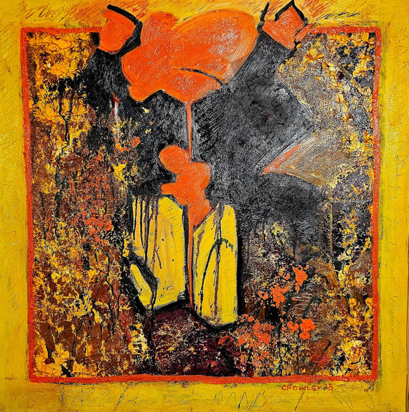 Abstract artwork with orange, black, and yellow colors on a yellow background