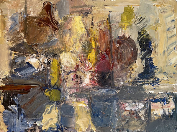 An abstract expressionist painting featuring thick impasto brushstrokes in beige, brown, blue, gray, yellow, and red tones, depicting a still life arrangement of ceramic vessels and objects.