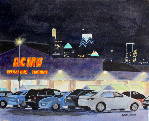 Acme, watercolor, gouache and ink on paper cityscape painting by Cerulean Arts Collective Member Susan D'Alessio.