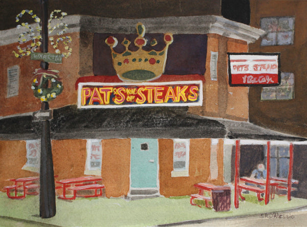 Back Door at Pat's, watercolor, gouache and ink on paper cityscape painting by Cerulean Arts Collective Member Susan K. D'Alessio.