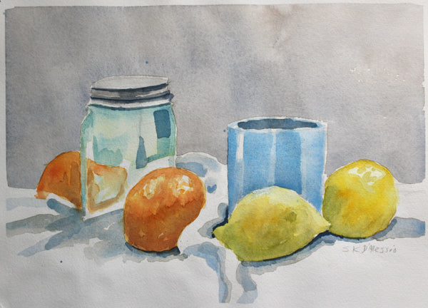 Watercolor still life painting of a jar, lemons, and a blue container on a gray surface.
