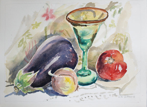 Watercolor painting of a still life with eggplant, onion, and margarita glass.