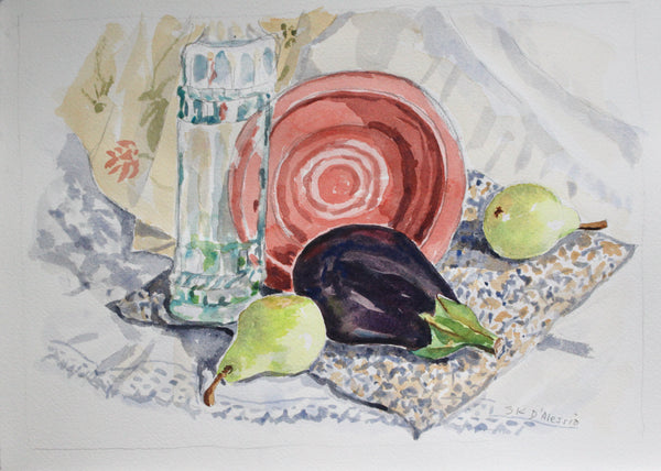 Still life with pears, eggplant, and a red dish on a textured surface