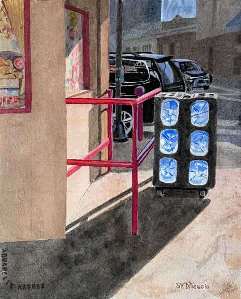 El Paisano Water, watercolor, gouache and ink on paper cityscape painting by Cerulean Arts Collective Member Susan K. D'Alessio.