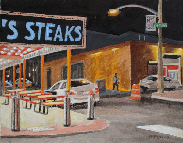 Geno's with White Cars, watercolor, gouache and ink on paper cityscape painting by Cerulean Arts Collective Member Susan K. D'Alessio.