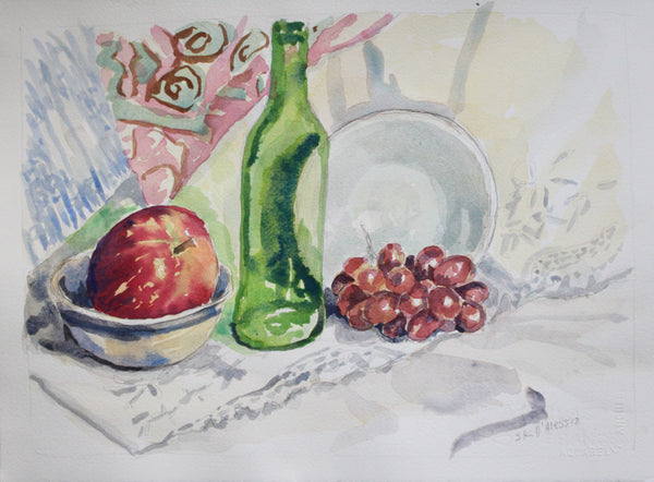 Still life painting with a green bottle, red apple, and grapes on a white surface.