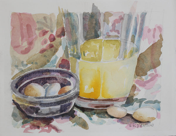 Orange Juice, watercolor on paper still life painting by Cerulean Arts Collective Member Susan K. D'Alessio.