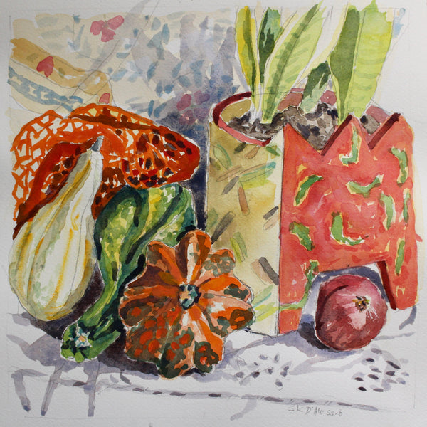 Artistic depiction of vegetables and flowers with a textured background