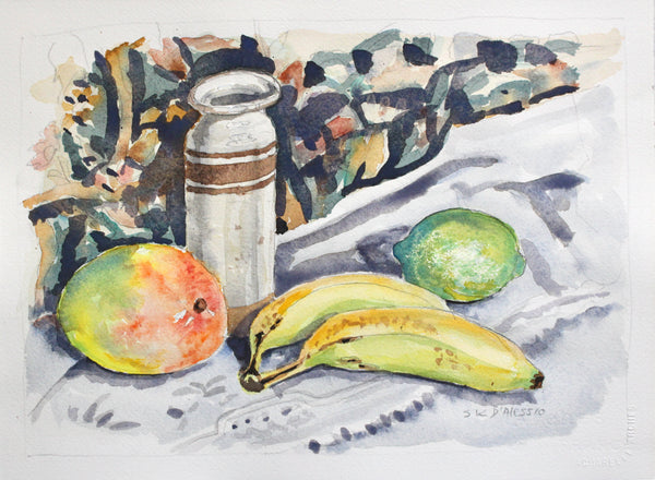 Still life with a bottle, banana, and fruit on a textured surface