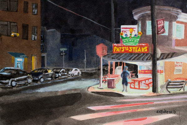 Pat's in Red Glow, watercolor, gouache and ink on paper cityscape painting by Cerulean Arts Collective Member Susan K. D'Alessio.