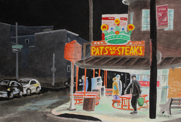 Pat's with Passing Shopper, watercolor, gouache and ink on paper cityscape painting by Cerulean Arts Collective Member Susan K. D'Alessio.