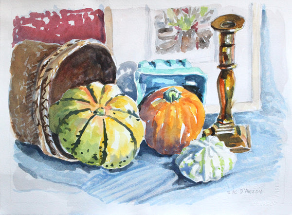 Still life painting of pumpkins, a basket, and a candlestick on a table.