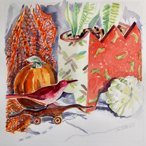 Watercolor still life of a bird, pumpkin, and decorative items on a textured surface
