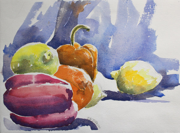 Watercolor painting of a red pepper and fruits on a textured surface