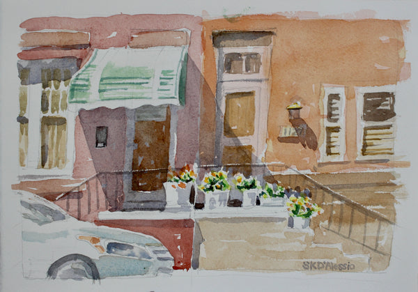 Two Houses with Five Flowerpots, watercolor on paper cityscape painting by Cerulean Arts Collective Member Susan K. D'Alessio.