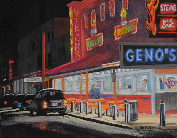 Winter Night at Geno's, watercolor, gouache and ink on paper cityscape painting by Cerulean Arts Collective Member Susan K. D'Alessio.