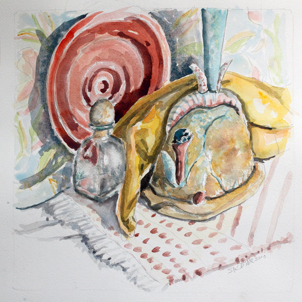 Watercolor still life painting of a plate, a bottle and a yellow cloth on a textured surface