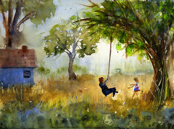 Summer Swings, watercolor on paper painting by Philadelphia artist Clement DaVinci, available at Cerulean Arts.