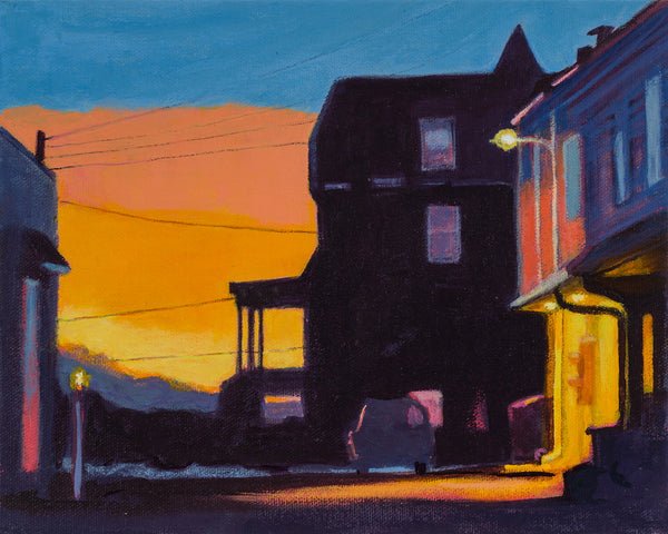 Alley at Sunset, acrylic on canvas panel painting by Cerulean Arts Collective Member Pia De Girolamo.