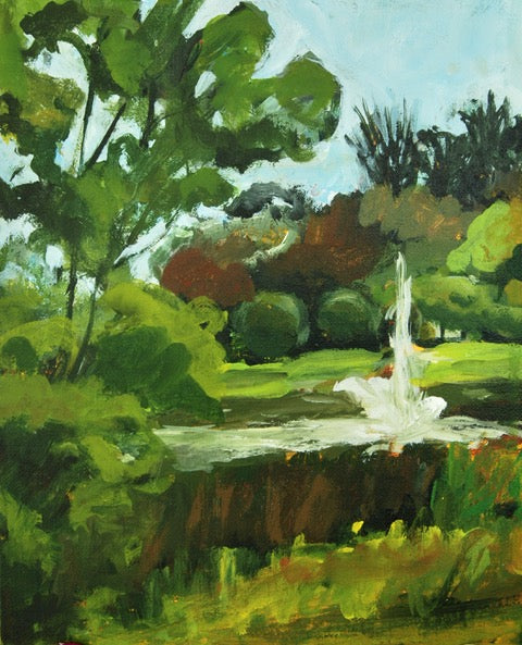 Painting of a garden scene with a fountain and trees
