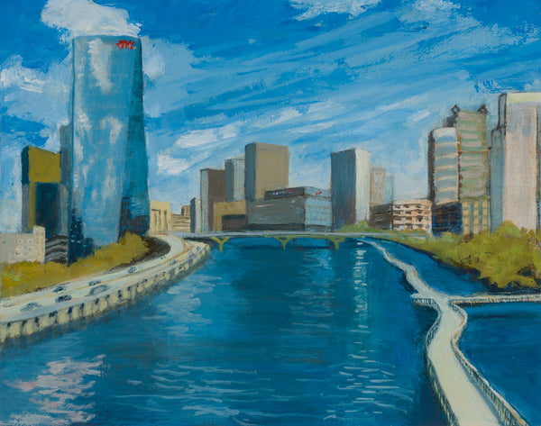 Center City Seen from Schuylkill River, acrylic on canvas panel painting by Cerulean Arts Collective Member Pia De Girolamo.