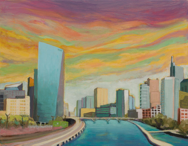 Center City with Glowing Sky, acrylic on canvas painting by Cerulean Arts Collective Member Pia De Girolamo.