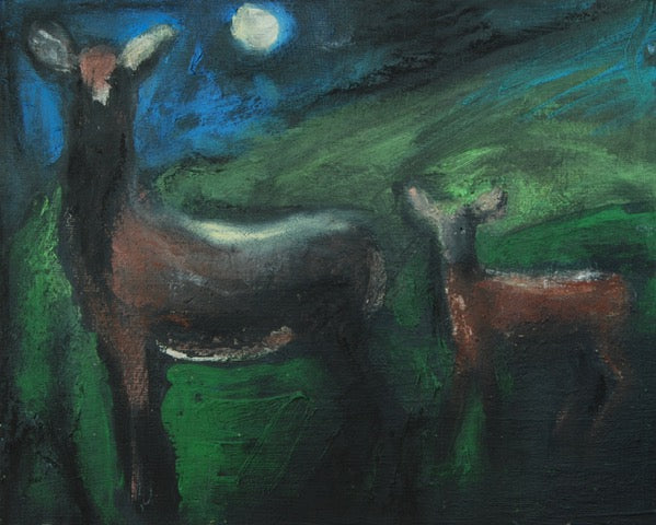 Two deer under a moonlit sky with a green landscape