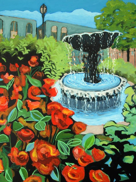 Painting of a fountain surrounded by red flowers and greenery with a building in the background