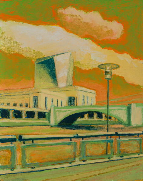 Orange and Green Philadelphia, acrylic on canvas panel painting by Cerulean Arts Collective Member Pia De Girolamo.