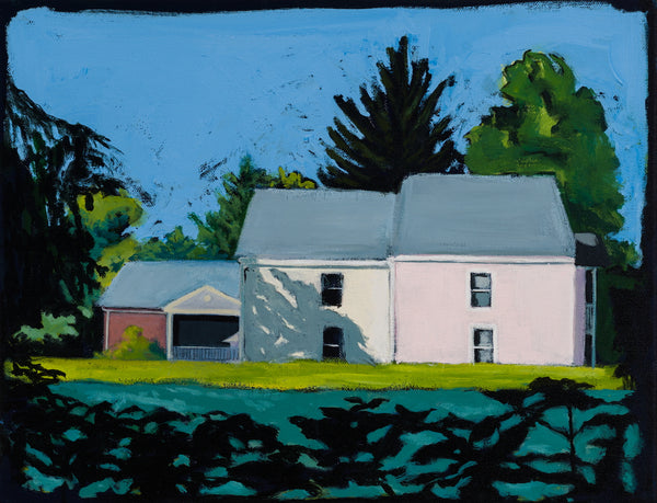 Pink House Across a Field, acrylic on canvas painting by Cerulean Arts Collective Member Pia De Girolamo.