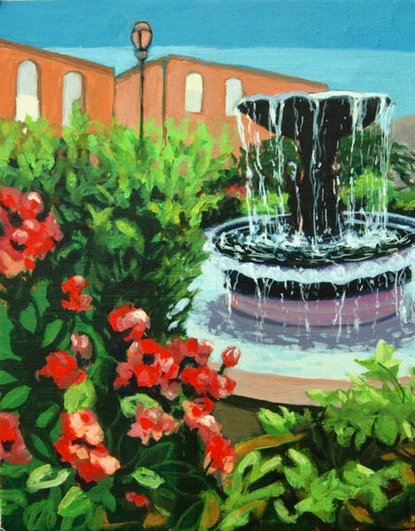 Painting of a fountain in a garden with red flowers and a building in the background